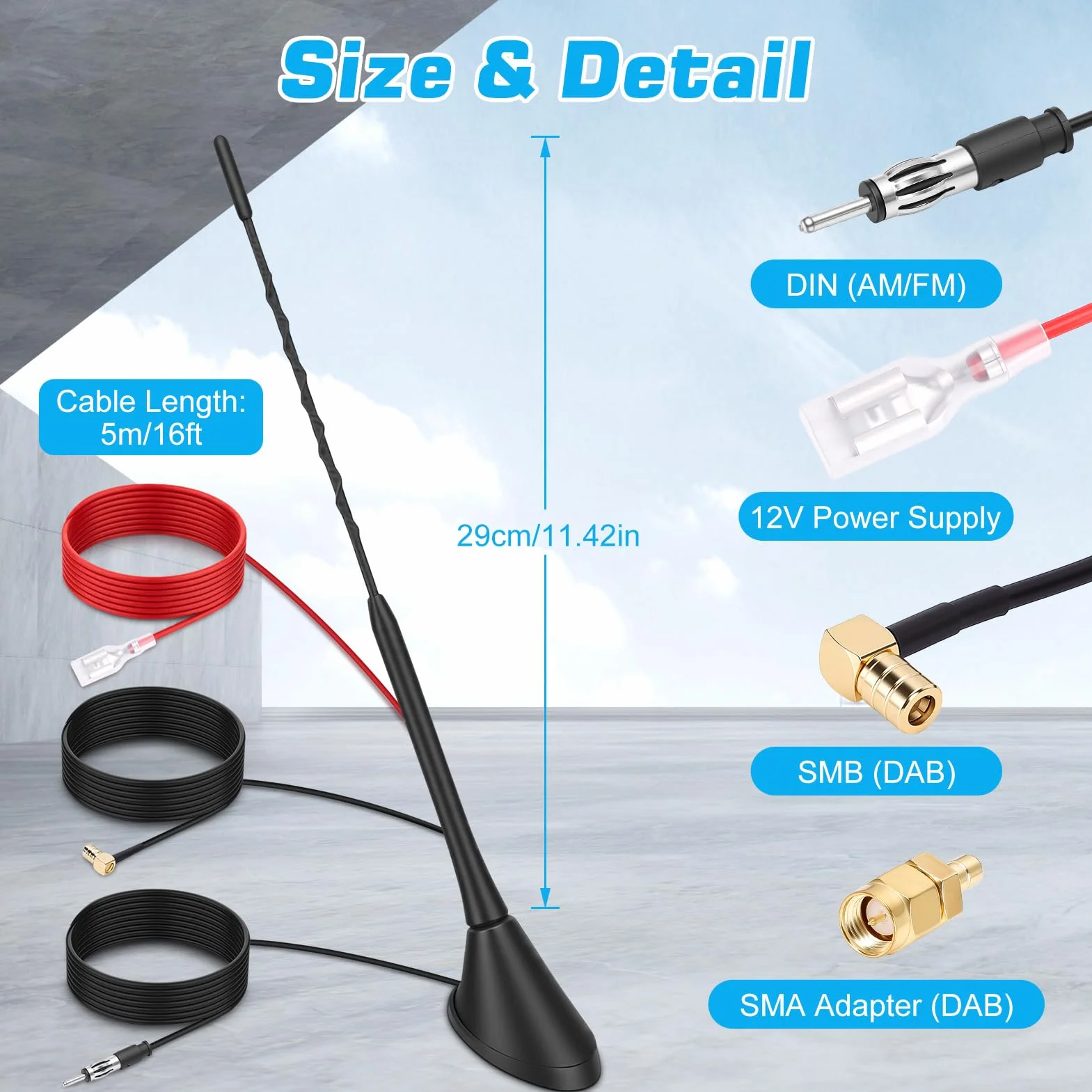 DAB Antenne Auto, DAB+ Autoantenne FM/AM Dachantenne Digital Radioantenne mit Verstärker, Autoradio Antenne mit SMB/SMA Stecker DIN Adapter | 5M-Verlängerungskabel
