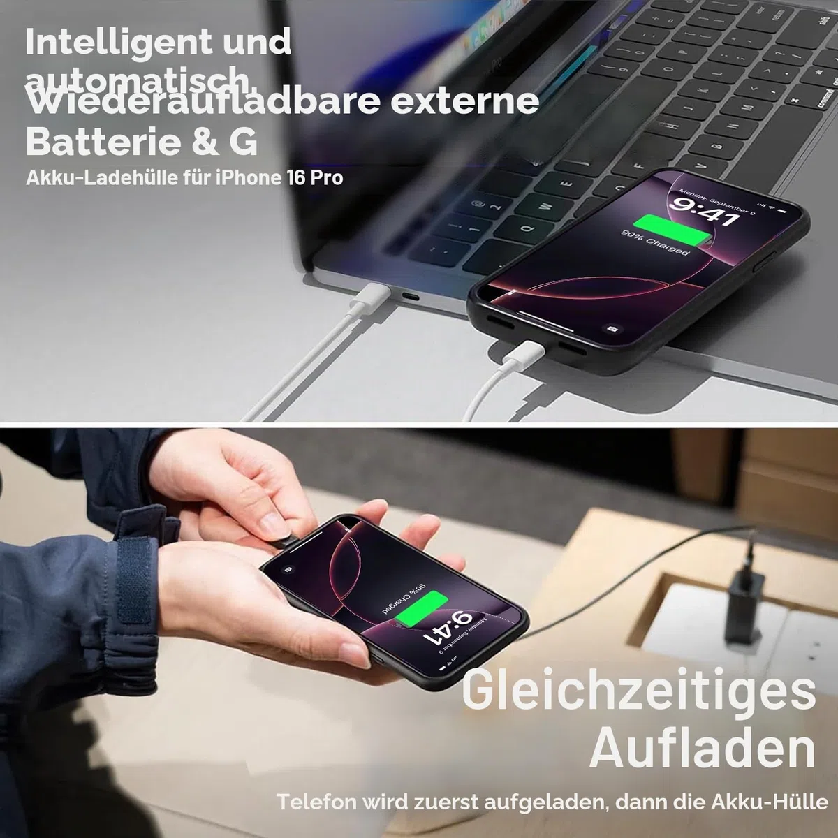 Akkuhülle für iPhone 16 Pro (6,3"), 7000mAh Powerbank Hülle ultradünn 15 W, Schnell Tragbares Ladegerät Battery Case, 360°-Schutz, Erweiterter Akku Ladehülle für iPhone 16 Pro, Schwarz