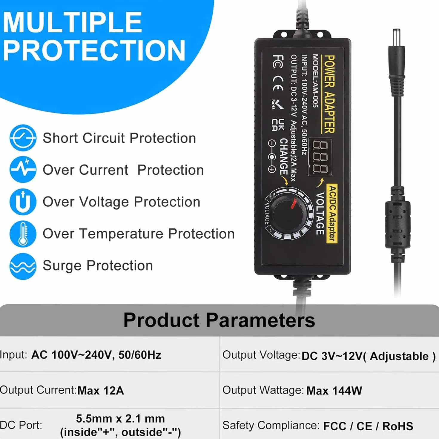 Universal Netzteil 12V 12A, Verstellbarer Netzadapter 3V-12V 144W Einstellbares Netzteil 100V-240V AC to DC 3V 4.5V 5V 6V 7.5V 9V 12V 1A 2A 3A 4A 5A 10A mit 14 DC Steckern