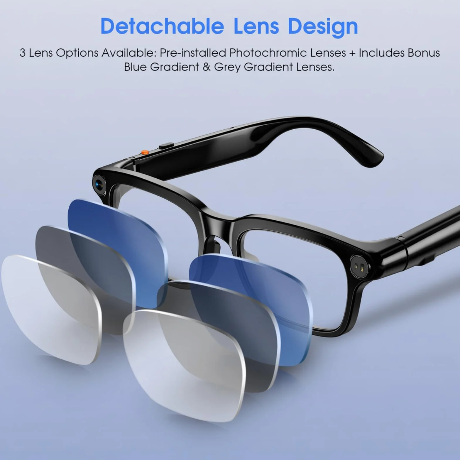 Smart Brille mit Kamera, 8MP HD Kamera, 4K-Videoaufzeichnung, Foto, KI-Assistent, 300 mAh, Open-Ear-Audio, Flexible Bügel, Smart Glasses für Reisen/Camping/Outdoor-Aktivitäten（3 Wechselgläser）