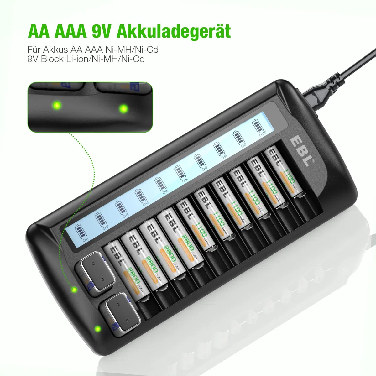 EBL 999 Universal Akkuladegerät für Batterie - AA AAA 9v Block Li-Ion/NiMH/NiCd, 12-Ladefach mit LCD Anzeige, Multi Batterieladegerät