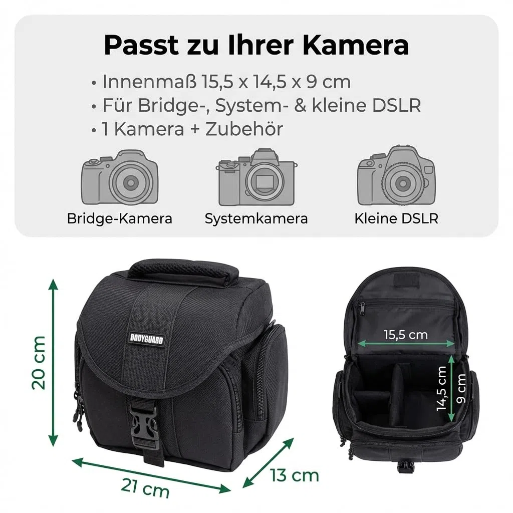 Bodyguard Fototasche Für System Bridgekameras und kleine DSLR Kameras Panasonic FZ82 FZ200 FZ300 FZ1000 FZ2000, Sony HX400V, Nikon B500 B600 B700 Canon EOS M50 M100 Sony Alpha 6000 - XL