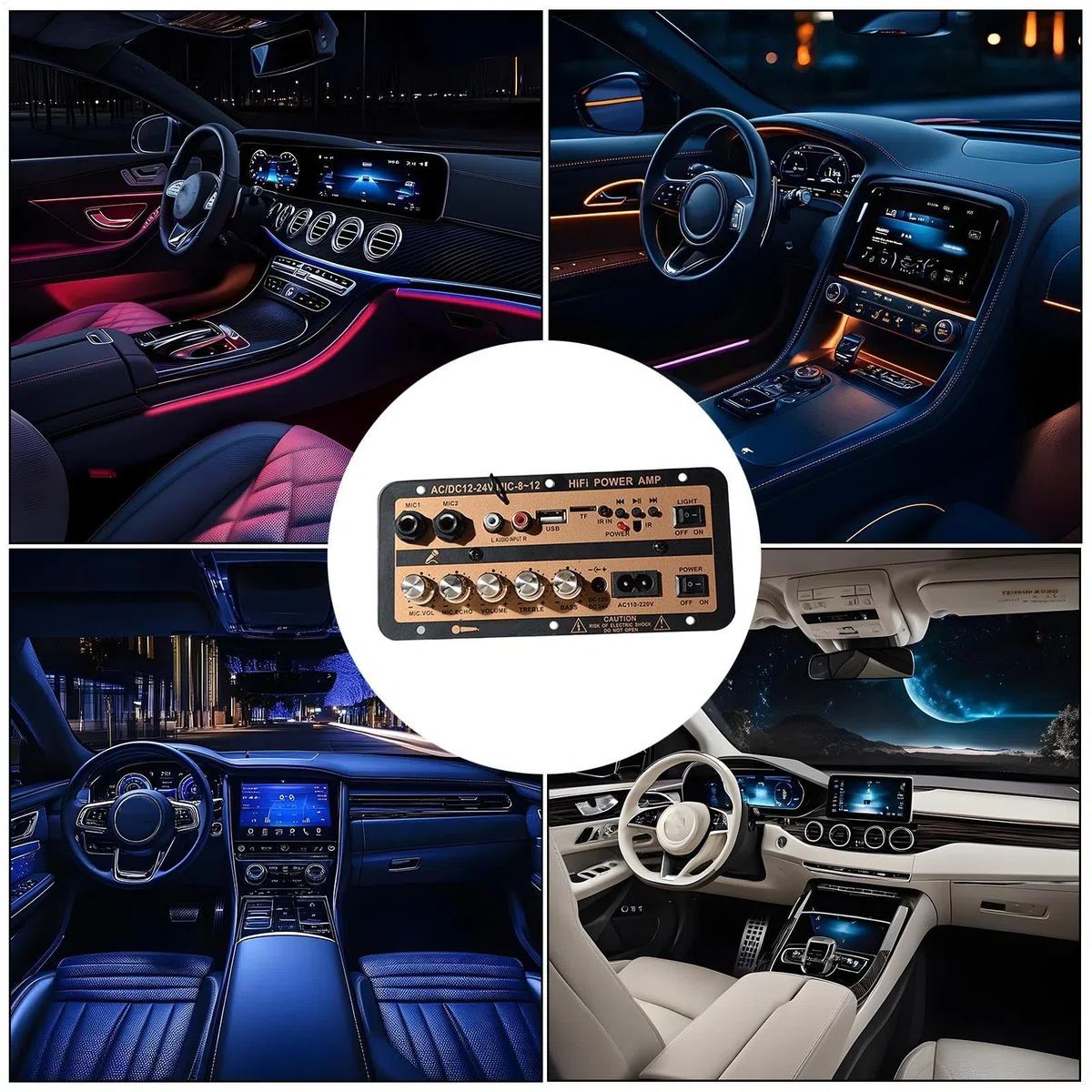 Hochleistungsverstärkerkarte, Auto-Leistungsverstärkerkarte, Stereo-AMP-Modul 12 V und 24 V mit digitaler Anzeige | Kabellose Lautsprecherkarte mit Fernbedienung,