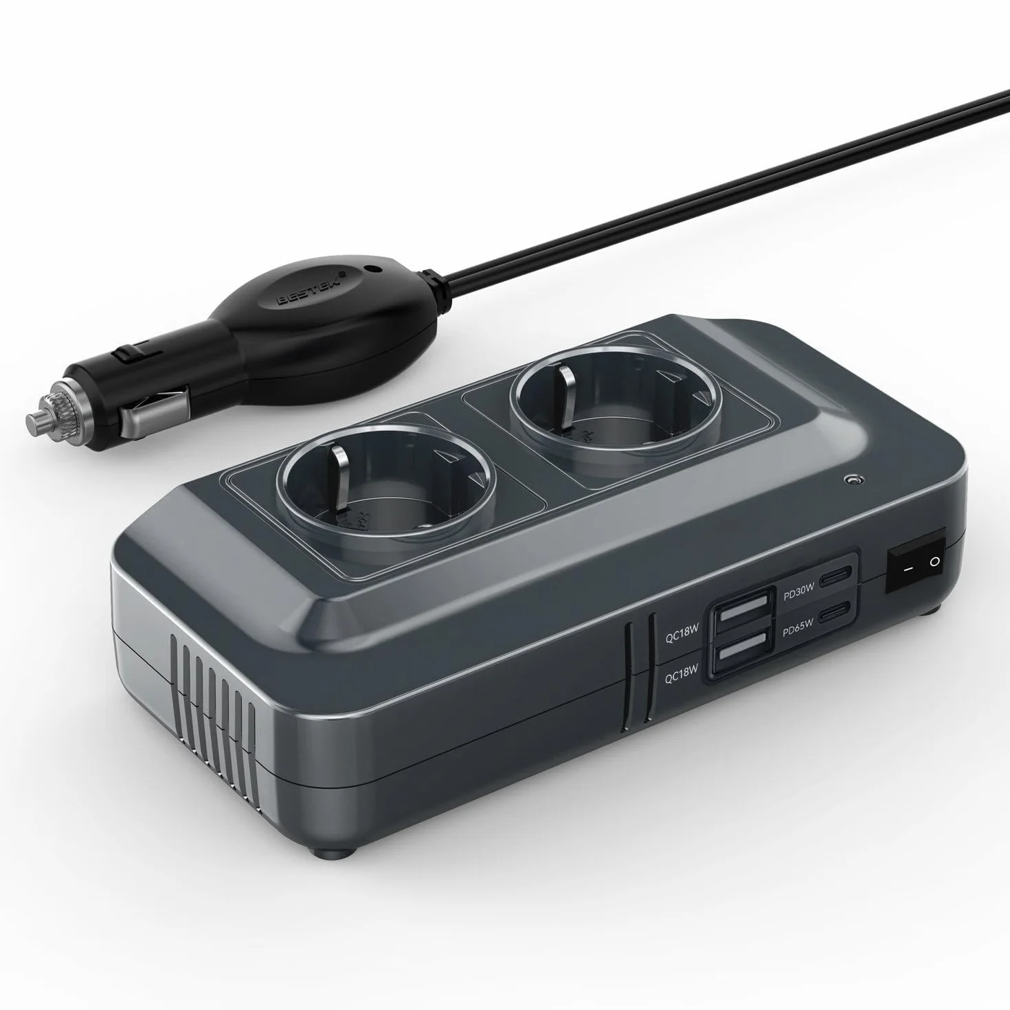 BESTEK 200W KFZ Spannungswandler 12V auf 230V Wechselrichter mit 2 Steckdosen und 4 USB KFZ Ladegerät inkl. Zigarettenanzünderstecker schwarz