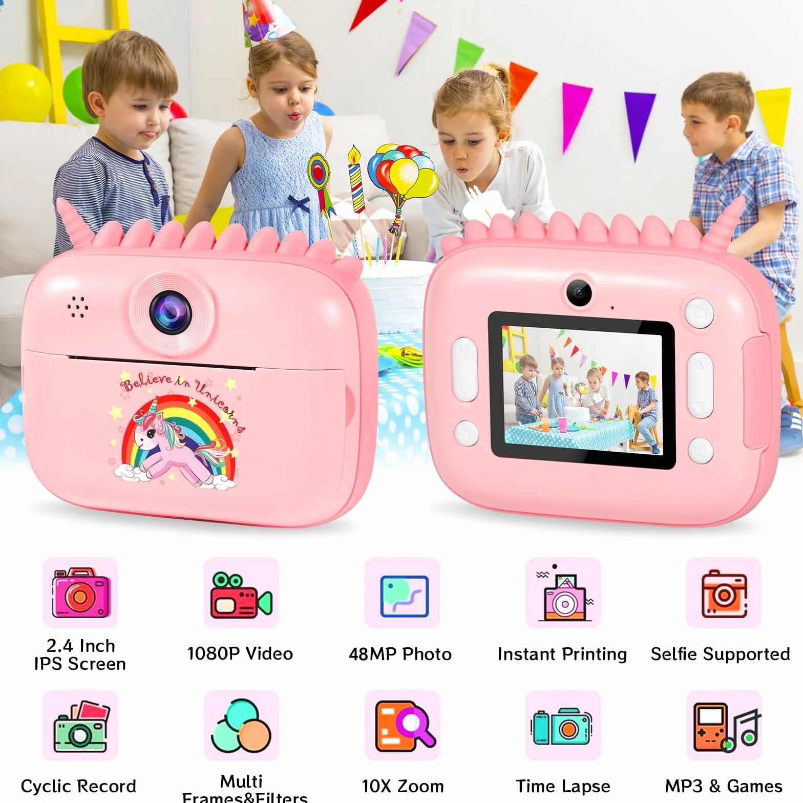 Kinderkamera, 48MP 2.4 Zoll Bildschirm, Sofortbildkamera mit 32G Karte, Druckpapier & Farbigen Stiften, 1080P HD Video, Geschenk für Kinder 3-12 Jahren