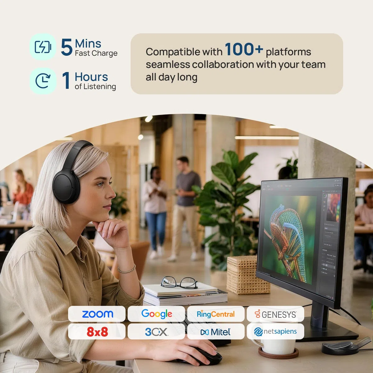 Yealink BH78 Bluetooth Headset mit Lärmschutz Mikrofon, Kopfhörer Over Ear für Homeoffice, Zoom/Teams Zertifiziert, Adaptive ANC für Büro Computer, Kopfhörer Kabellos mit USB-C/A und Dockingstation