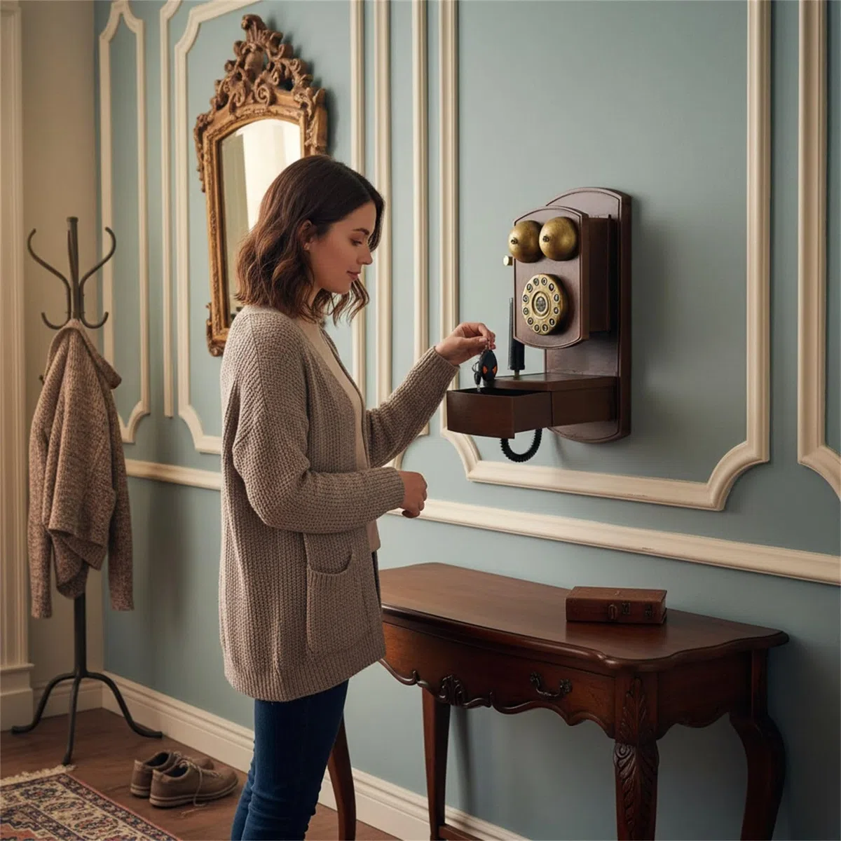 Retro Klassisches Wandtelefon mit Schnur, antikes Festnetztelefon mit Aufbewahrungsbox, modernes Homeoffice
