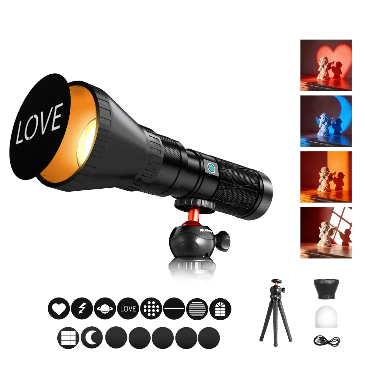 LED-Taschenlampe für Fotografie, ARSOER RGB-Dimmbares und Zoombares 4-farbiges Fülllicht aus Aluminiumlegierung mit Flexiblem Stativ/Diffusor/15 Gemusterten Lichtfiltern/USB-C, 6000mAh für Fotos/Video