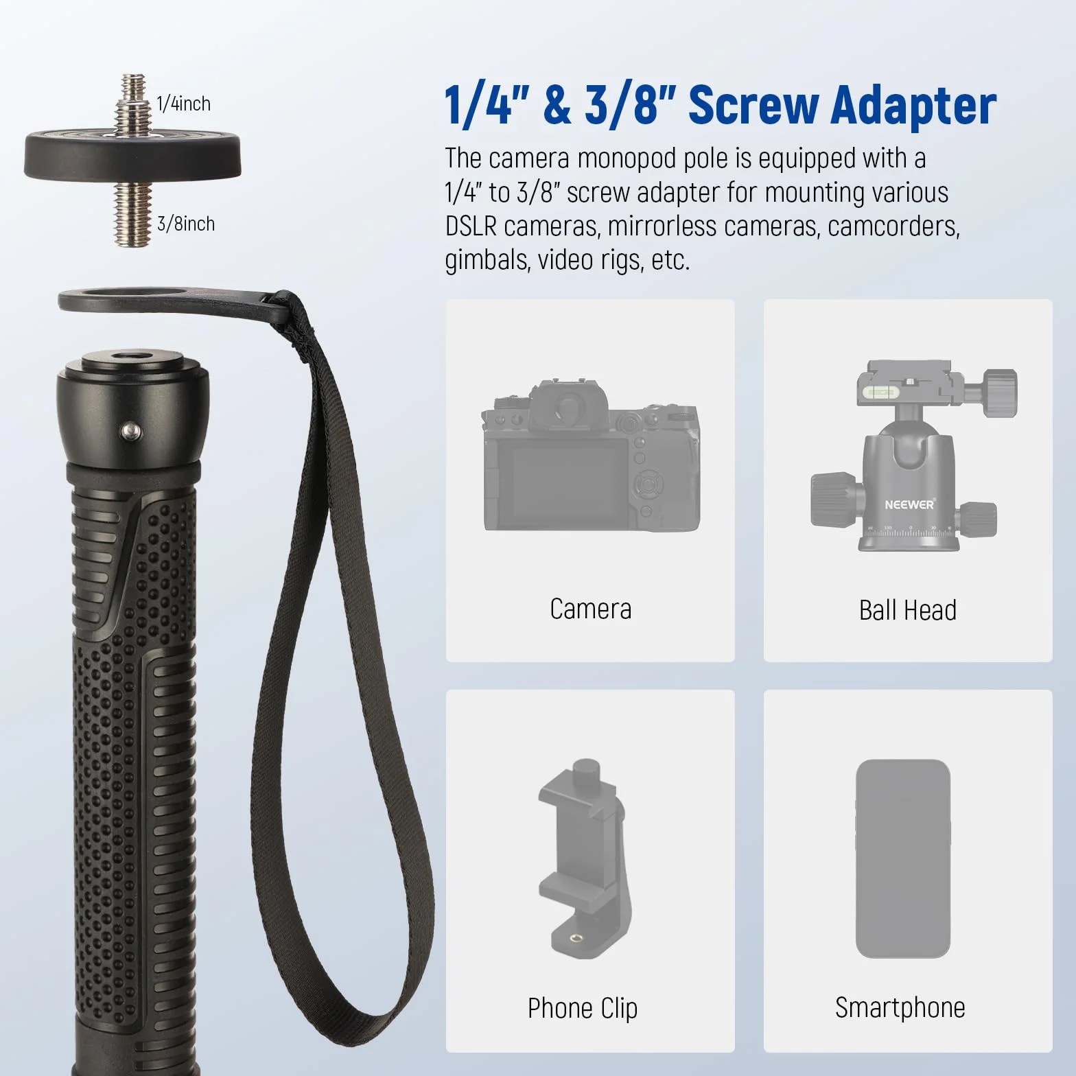 NEEWER 66,5" Kamera Einbeinstativ, Leichter Aluminium Reise Selfie Stick für DSLR Camcorder Fotografie und Videoaufnahmen, 1/4" und 3/8" Schraubenadapter, maximale Belastung 22 lb, TP42