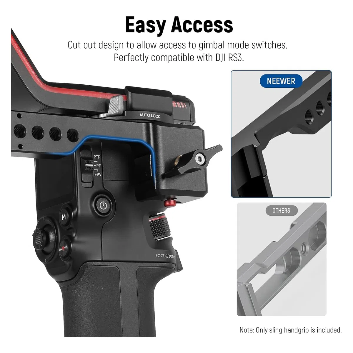 NEEWER Verstellbarer Sling Handgriff, kompatibel mit DJI Ronin RS5, RS4, RS3 Mini, RS 3 Pro, RS 2, RSC 2 Gimbal Stabilisator für Aufnahmen aus niedrigen Winkeln, maximale Belastung 13,2lb, ST49