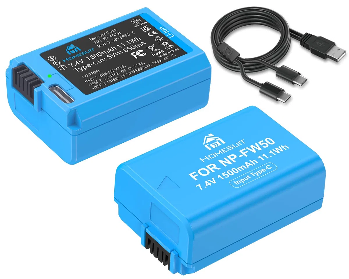 Homesuit NP-FW50 Akku 1500mAh & 2-in-1 Typ-C Ladekabel für Sony A6500 A6400 A6300 A6000 A5000 A5100 zv-e10 A7 A7II A7R A7RII A7SII A7S A7R A7R2 A55 RX10 RX10II NEX-3/5/7 Kamera (2er-Pack)