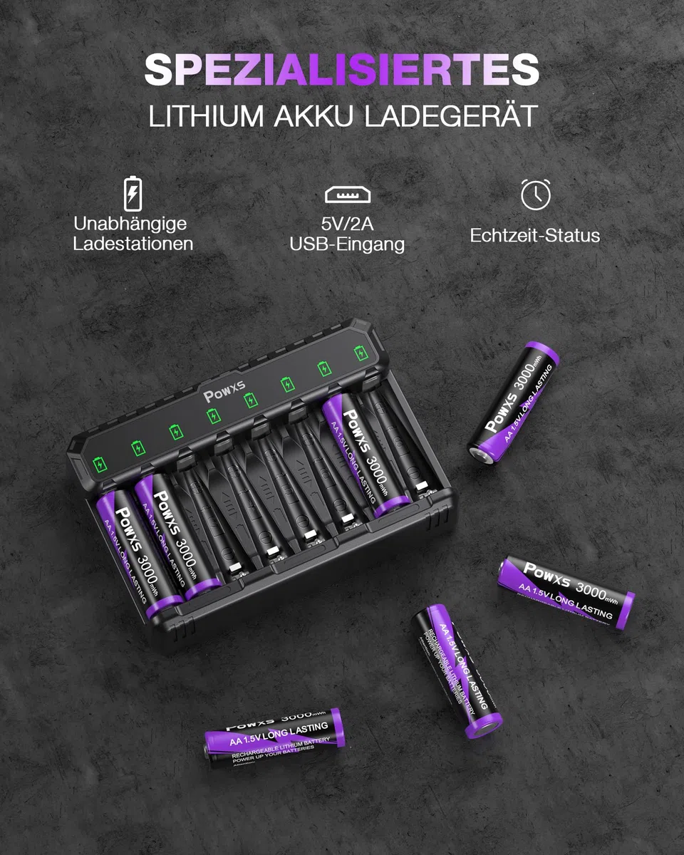 POWXS 1.5V Lithium Akku AA 8-Pack 2000 Zyklen & Stahlgehäuse, 3000mWh,mit USB Schnelladegerät, Kompatibel AA/AAA für Spielgeräte & Blink-Kameras