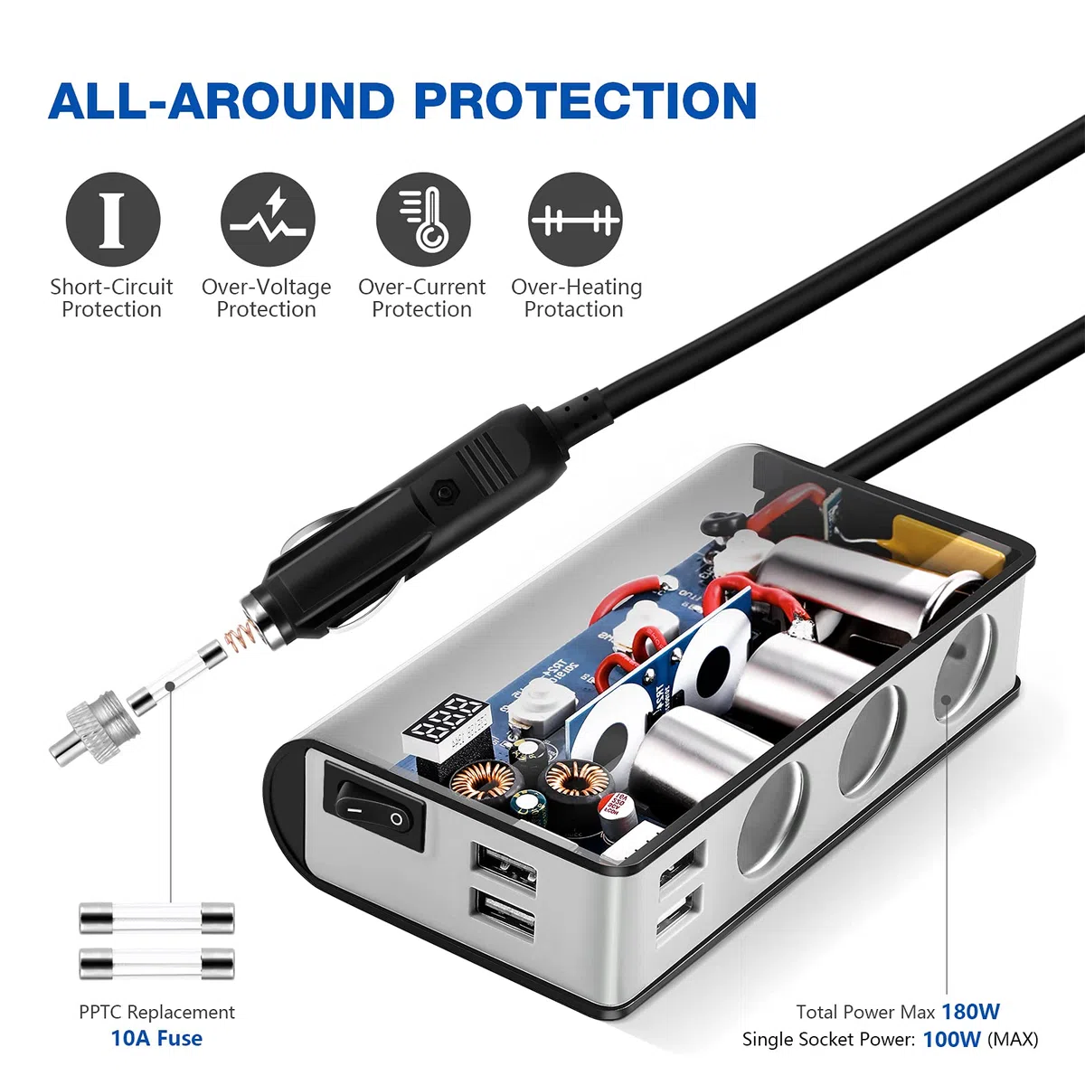 OOWOLF Zigarettenanzünder Verteiler, QC 3.0 180W 12V/24V, Adapter Auto Ladegerät, 3 DC Steckdose Splitter 4 USB Anschlüsse KFZ Verteiler für Smartphone, Tablet, GPS, Navi