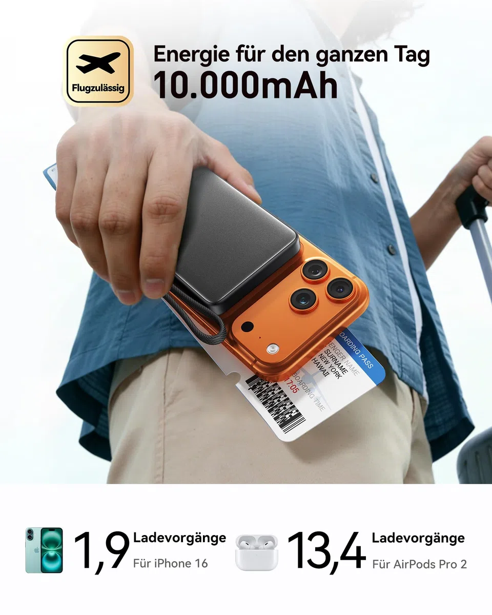 INIU Ultra-schlank 10000mAh Power Bank für MagSafe, Original Qi2-zertif. Wireless Fast Charging für iPhone 17-12 Serie, 45W Externe Akku mit USB C Kabel & Ständer, Reise Essential Magnetische Batterie