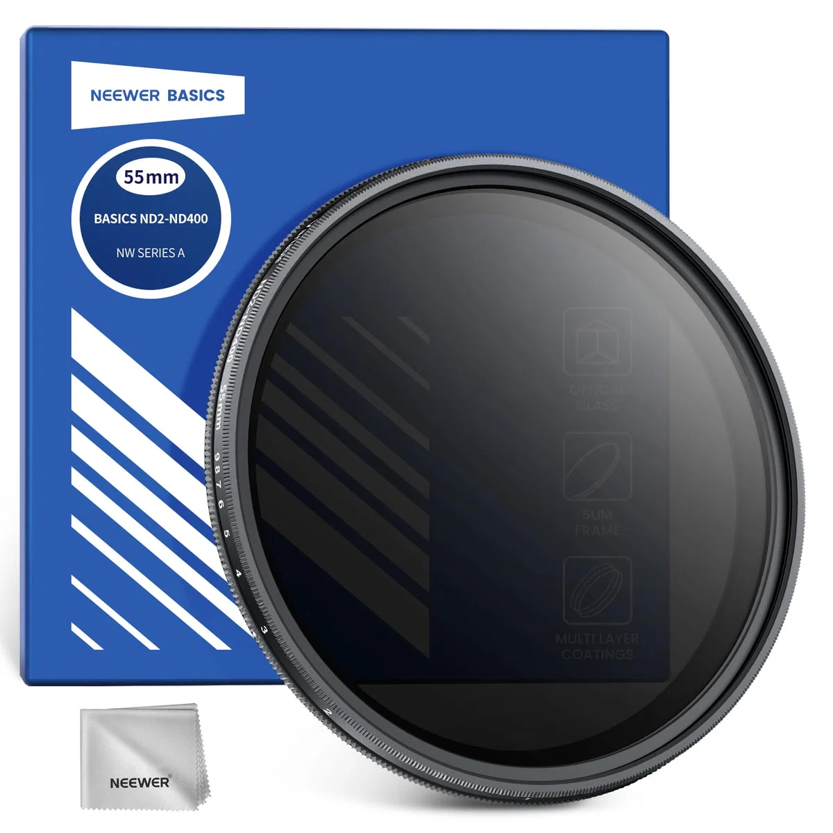 NEEWER BASICS 55mm variabler ND Filter, ND2-400 1-9 Stops Lichtreduzierung, drehbarer variabler Graufilter Neutraldichtefilter mit Anti Fingerabdruck Beschichtung, schlanker Rahmen für Kameraobjektive