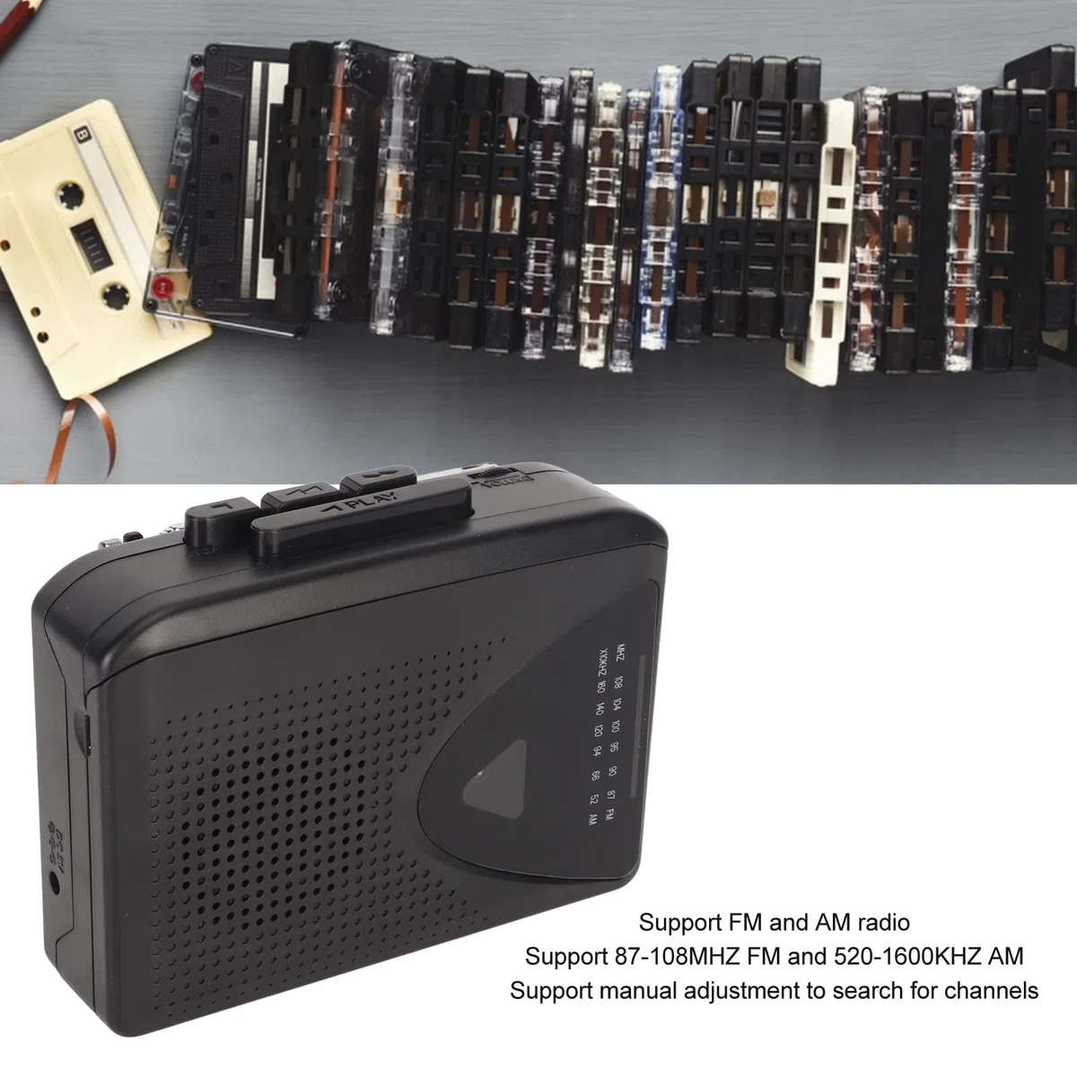Tragbarer Kassettenspieler, Retro-FM-AM-Radio-Walkman mit Lautsprecher und Kopfhöreranschluss, Kassetten-zu-MP3-Konverter, Kassettenrekorder für Reisen, Sport (Schwarz)