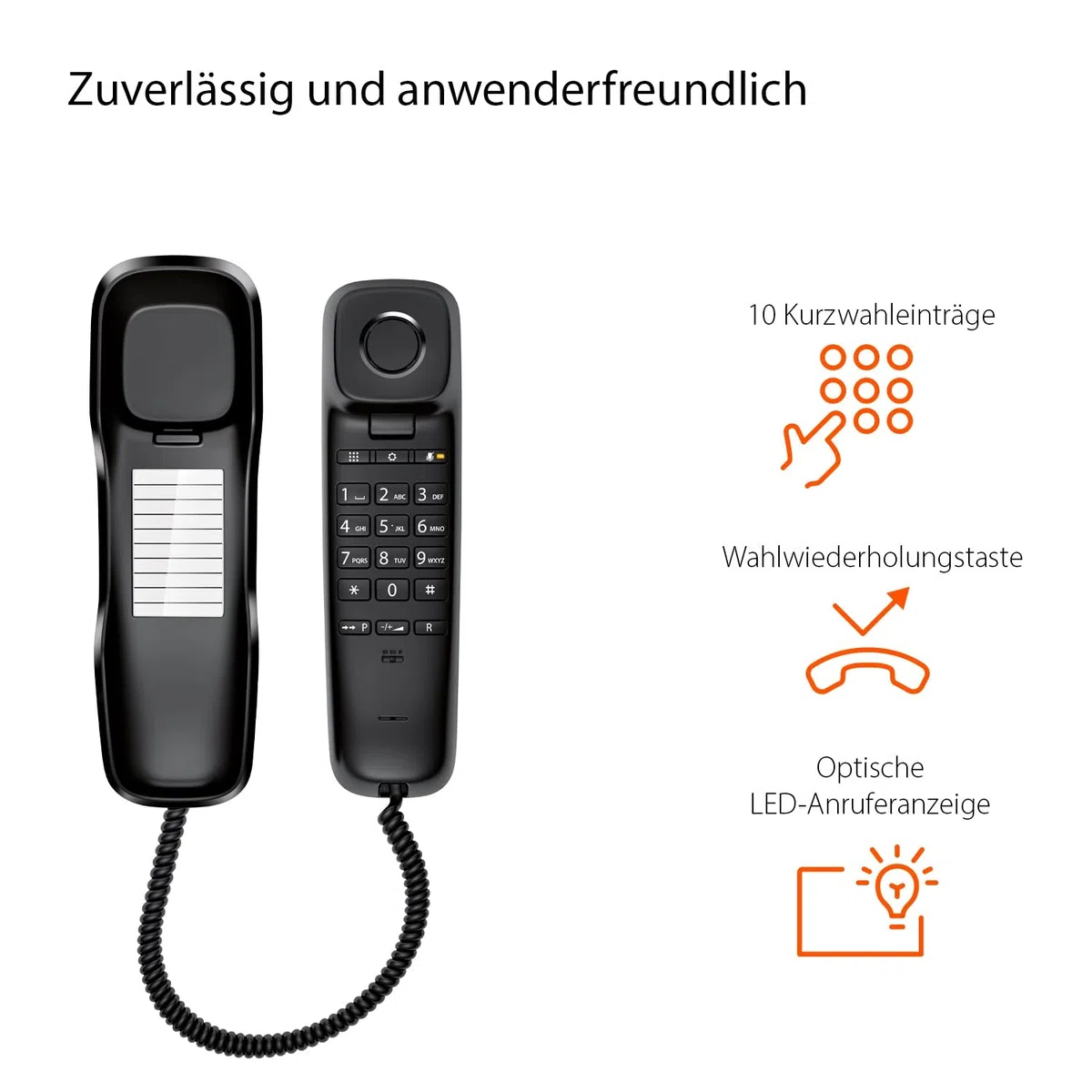 Gigaset DA210 - Schnurgebundenes Telefon mit elastischem Kabel - Platz für 10 Kurzwahleinträge - Wahlwiederholung - hörgerätekompatibel - einstellbare Tonrufmelodie und Lautstärke, anthrazit