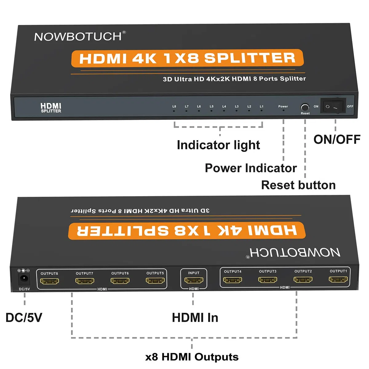 1x8 HDMI Splitter 8 Port 1 in 8 Out HDMI Switch 1 Port auf 8 HDMI Display Doppel- / spiegelbetriebener Splitter Ver 1.4 Zertifiziert für Full HD 1080P 3D-Unterstützung mit hoher Auflösung