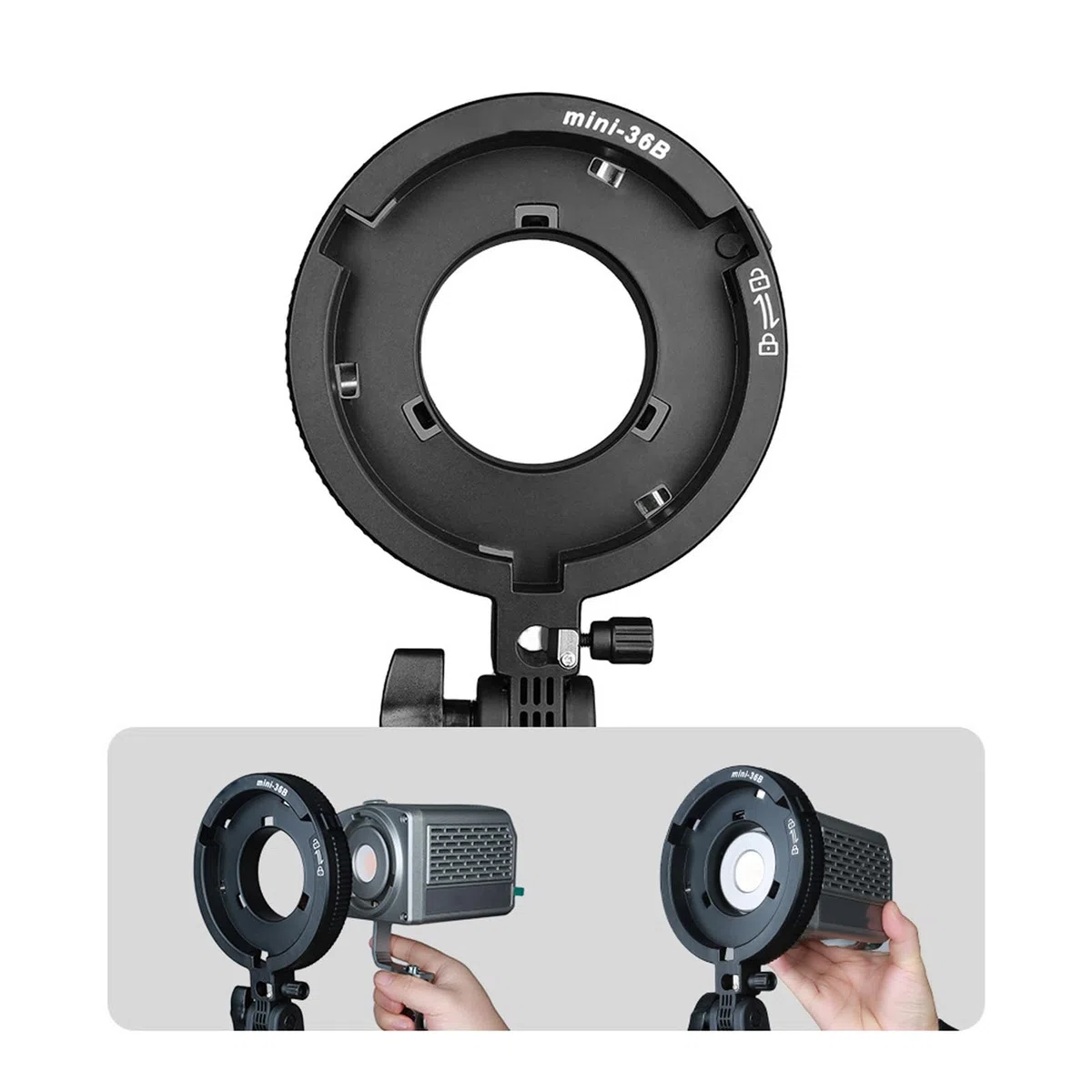 VBESTLIFE Bowens Mount Adapter Halter, BowensMini Bis Standard Bowens Mount -Adapterring mit Regenschirmbuchse, 180 Neigung, für LED -Leuchten