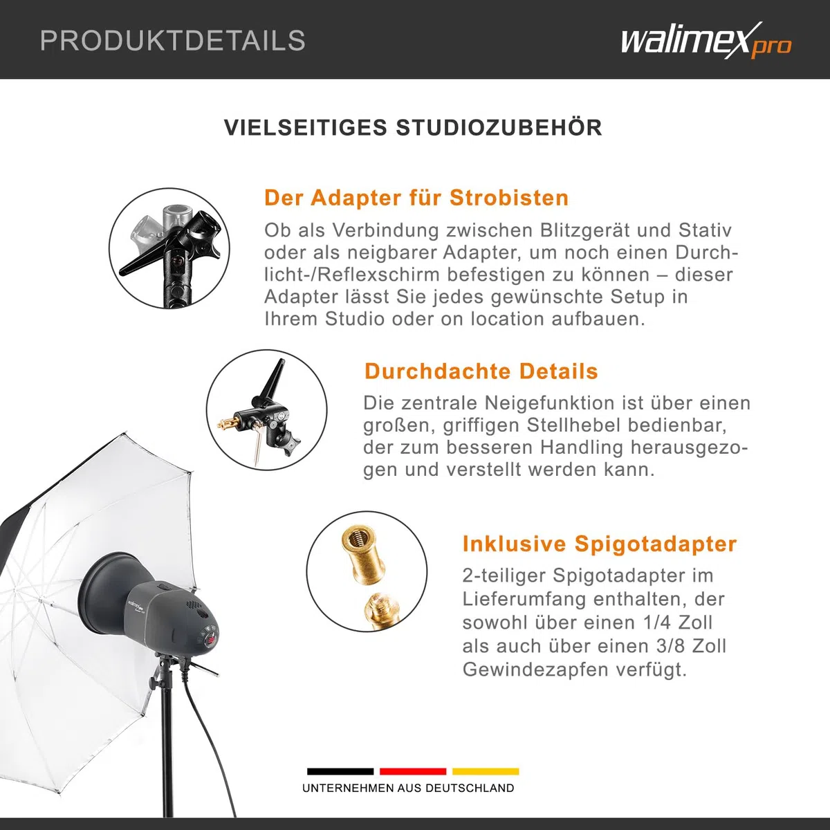 Walimex Pro Schirmhalter neigbar mit Spigotaufnahme schwarz