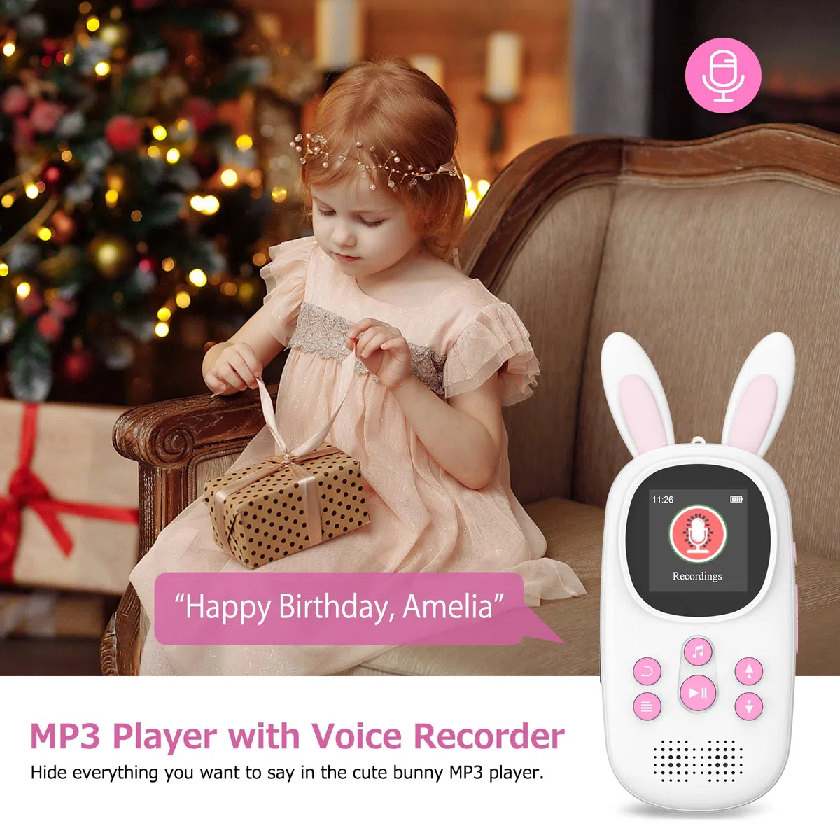 32GB Bluetooth MP3 Player Kinder, Niedlicher Hase Kinder Musik MP3 Player mit Kopfhörer & Lautsprecher, MP3-Player mit Alarm, Aufnahmen, Schrittzähler, Stoppuhr, Unterstützung bis zu 128GB