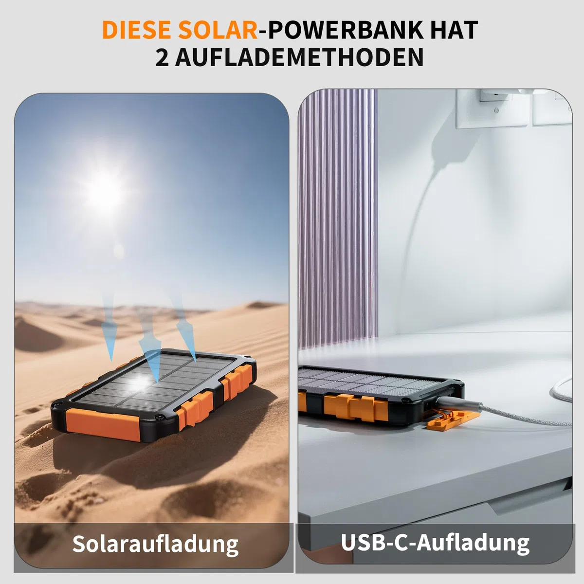 Solar Powerbank 10000mAh PD 22,5W Tragbares Solar Ladegerät USB C Outdoor Wasserdicht Externer Akku mit LED-Licht und 3 Ausgängen für Tablets Smartphones Outdoor Camping Orange