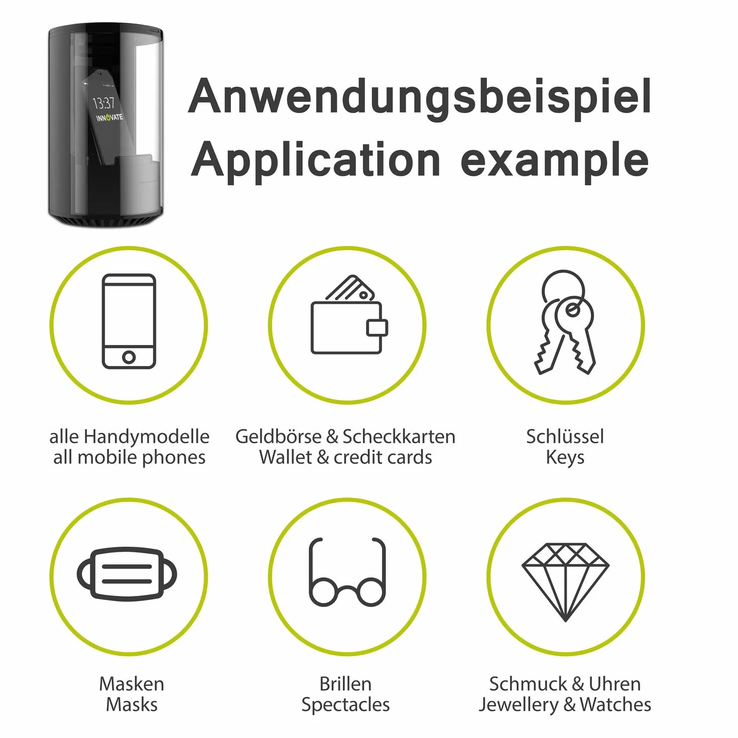 INNOVATE - Ozon Desinfektionsbox, Sterilisator, Desinfektionsgerät für Handy, Schlüssel, Smartphone, Schmuck, Brille UVM., LED Beleuchtung, USB-Kabel, USB-Port