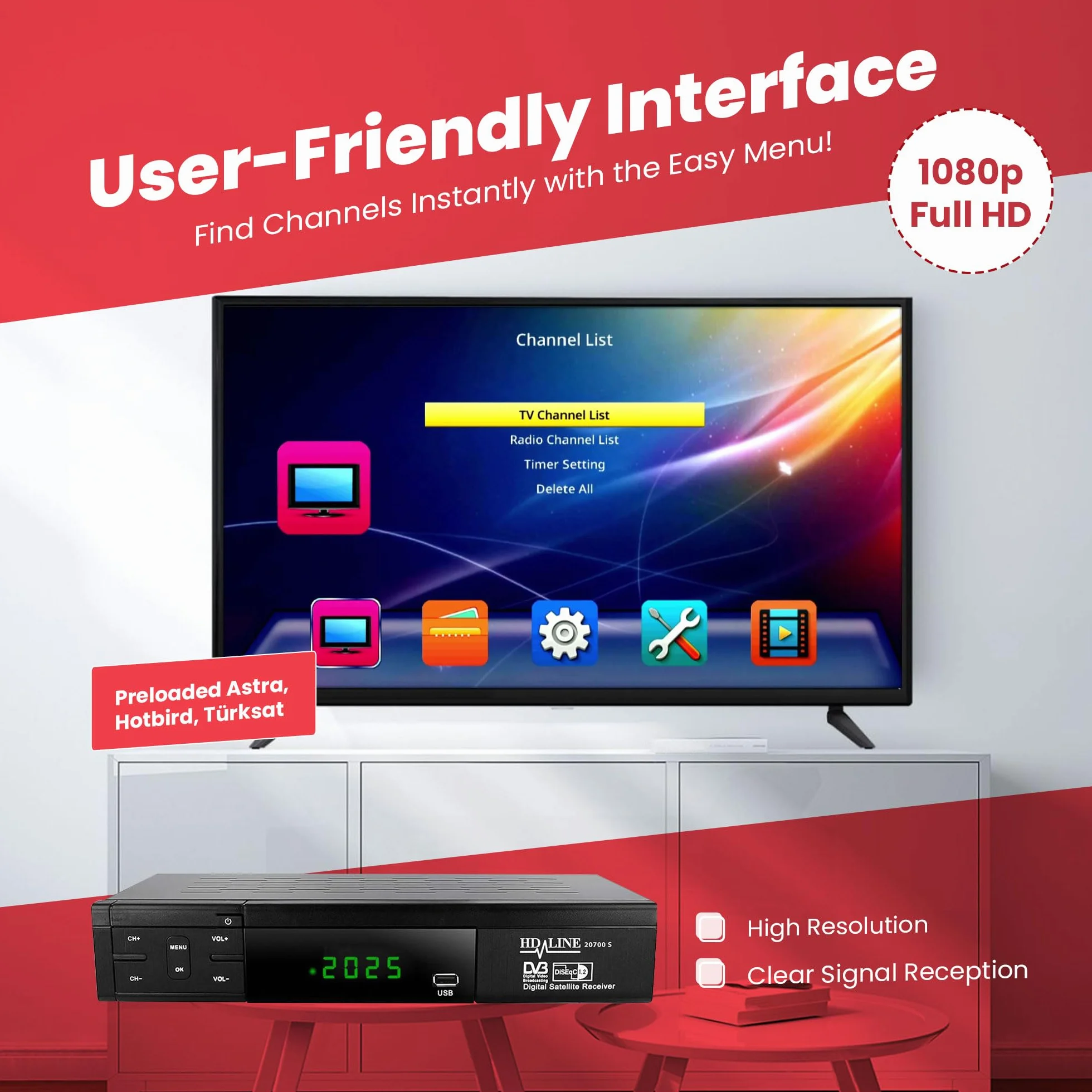 Hd-line 20700 HD Sat Receiver Satellit DVB S2 HD Receiver für SAT Digitaler Satelliten SAT Receiver (DVB-S/S2, HDMI, SCART, 2X USB 2.0, Full HD 1080p) (Vorprogrammiert für Astra Hotbird und Türksat)
