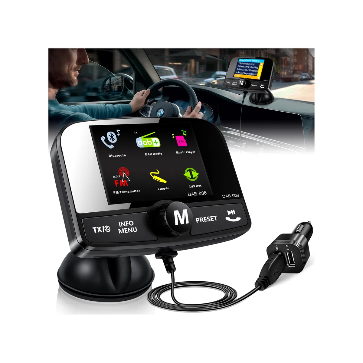LanBlu DAB Adapter für Autoradio, DAB Adapter Stereoanlage 6.1cm Buntes Display, FM Transmitter DAB+ für Autoradio mit Bluetooth Freisprecheinrichtung, DAB+ Adapte Empfänger Musikplayer+Aux In/Out