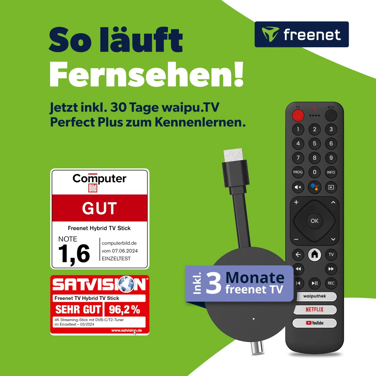 freenet TV Hybrid TV Stick, DVB-C/T2 & Streaming, 3 Monate freenet TV, Android TV 3, WLAN HDMI Streaming Stick mit Chromecast, 4K UHD