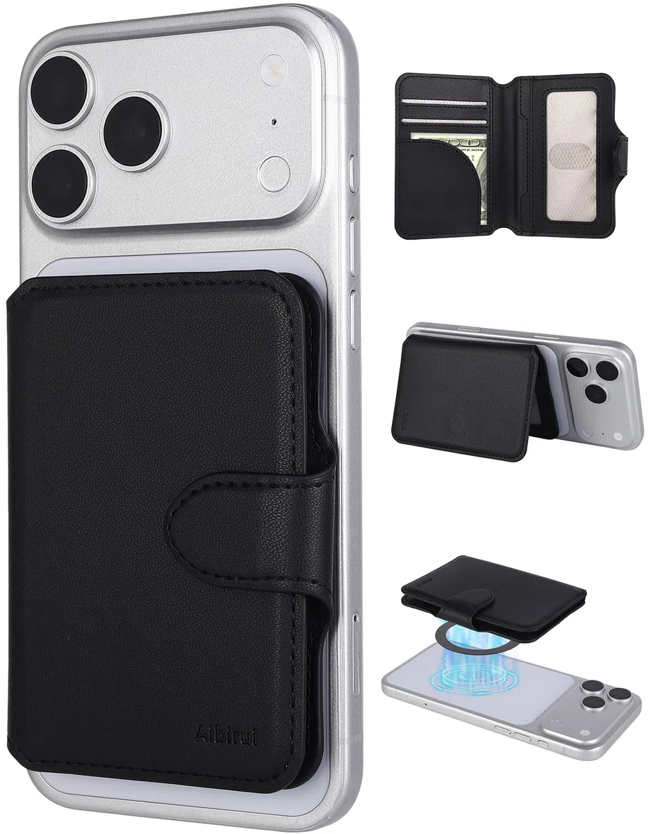 Magnetic Wallet Slim, 4000G Starke Magnetkraft Geldbörse für iPhone 17/16/15/14/13/12 Serie, RFID-Schutz Magnetic Kartenhalter Dünn mit 6-Kartenkapazität & Telefonständer (Schwarz)