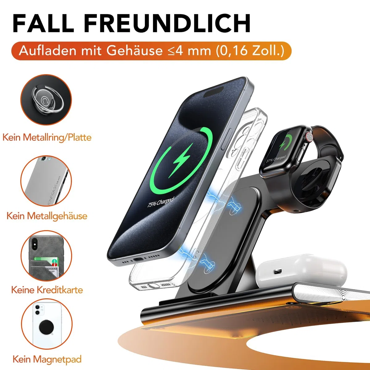Aimtel 3 in 1 Induktive Ladestation Faltbare&Nachtlichter Kompatibel mit iPhone 17/17 Pro/17 Pro Max/17 Air/16/15/14/13,Apple Watch 11/Ultra 3/10/9/8/SE 3 für Air-Pods Pro/4/3/2 Kabelloses Ladegerät