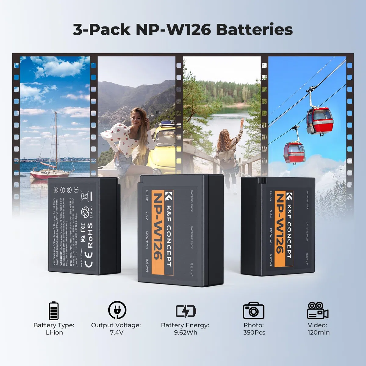 K&F CONCEPT NP-W126 NP-W126S Akku(3er-Pack) und verbessertes 3-Fach-Ladegerät, kompatibel mit Fujilm x Half AKKU XM5, X100VI, X100V, XS10, XT30, XT30 II, XT20, XE4, XE5,A5 Kameras