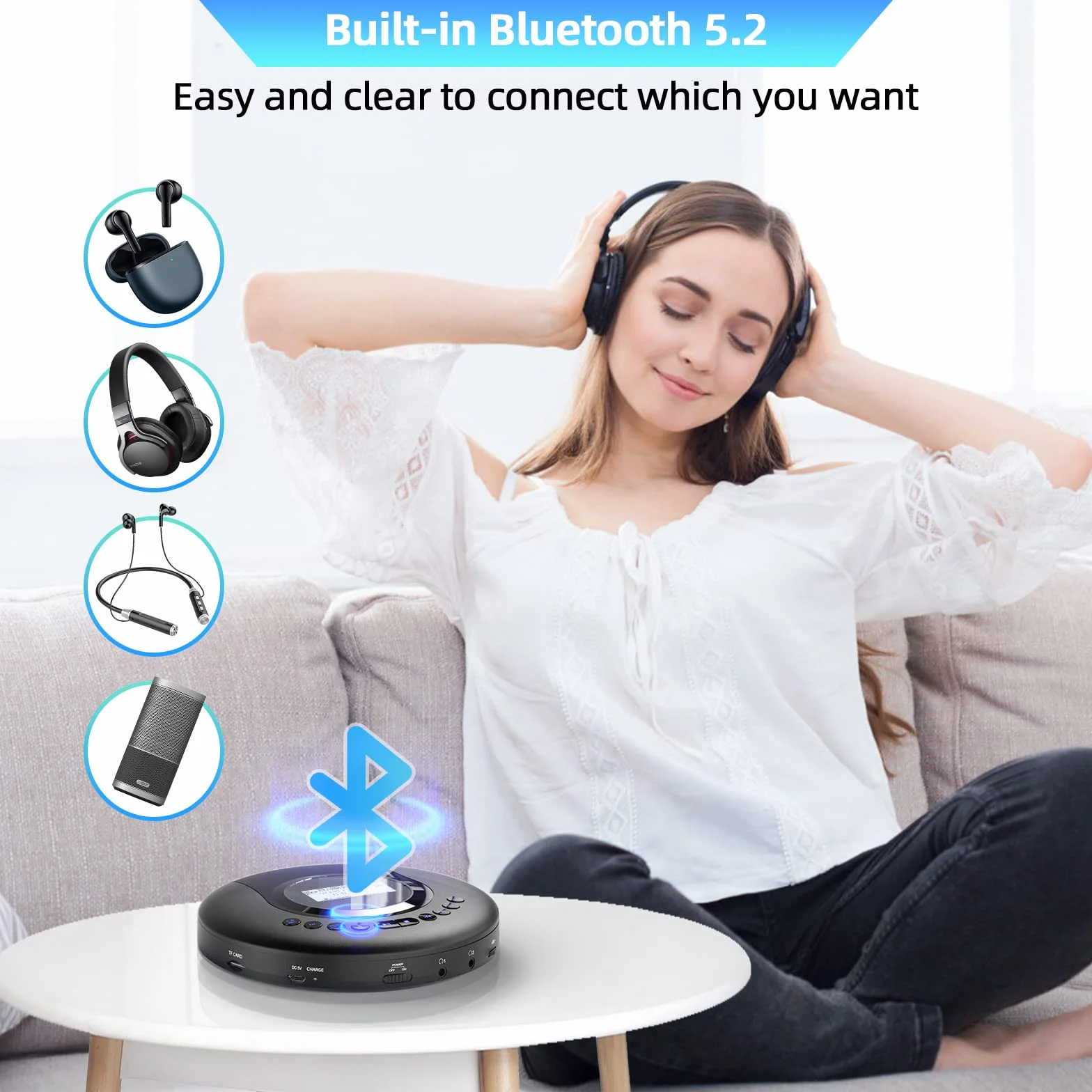 Arafuna Tragbarer Bluetooth CD-Player mit Akku & LCD-Display, 2000mAh wiederaufladbarer Discman mit Anti-Shock, FM-Radio, Kopfhörer – Geeignet für Auto & Kinder