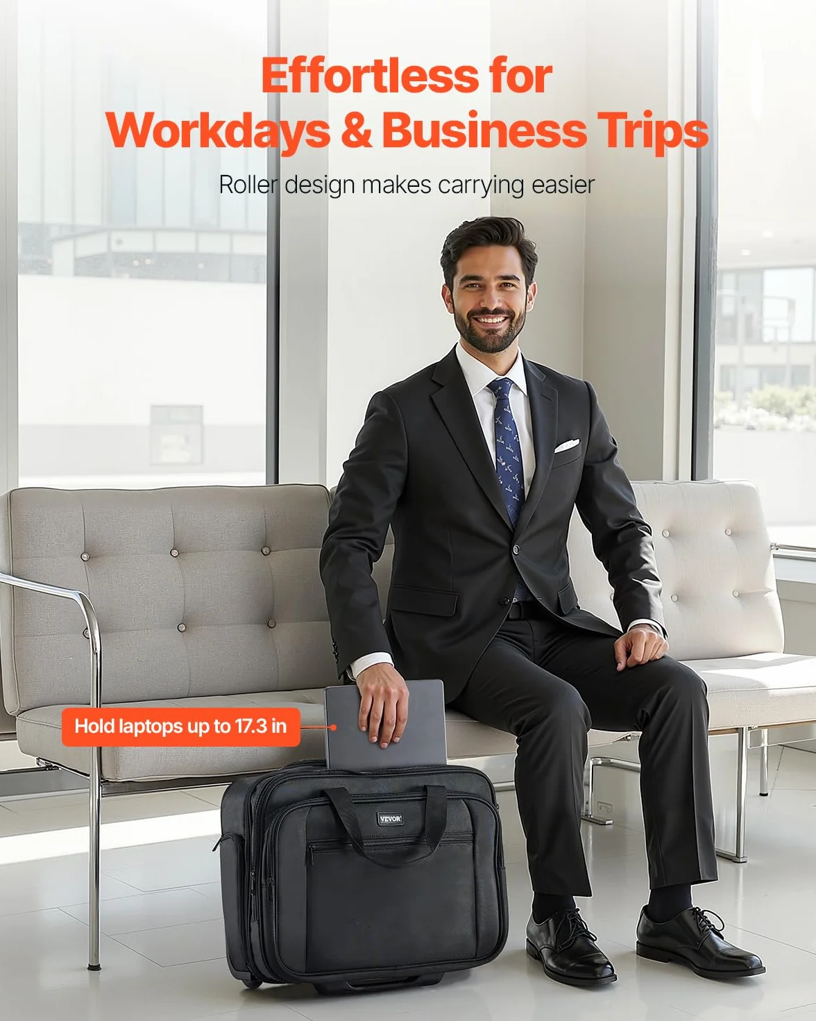 VEVOR Laptop Trolley, passend für Laptops bis zu 17,3 Zoll (44 cm), Aktenkoffer, Notebooktasche mit Rollen und Teleskopgriff, Laptoptasche für Arbeit, Reisen, Büro, 450x210x370 mm (Schwarz)