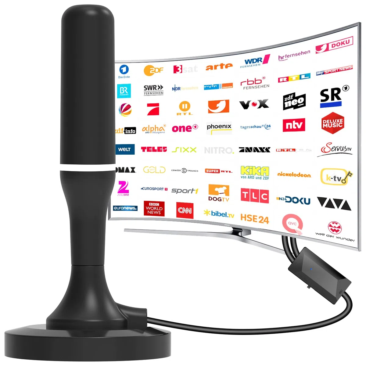 DVB-T2 Antenne, TV Antenne Indoor Zimmerantenne für Fernseher mit Verstärker, Magnetfuß, 3m Kabel, 360° Allroundempfang, 4K/1080p kostenlose Digitale Kanäle
