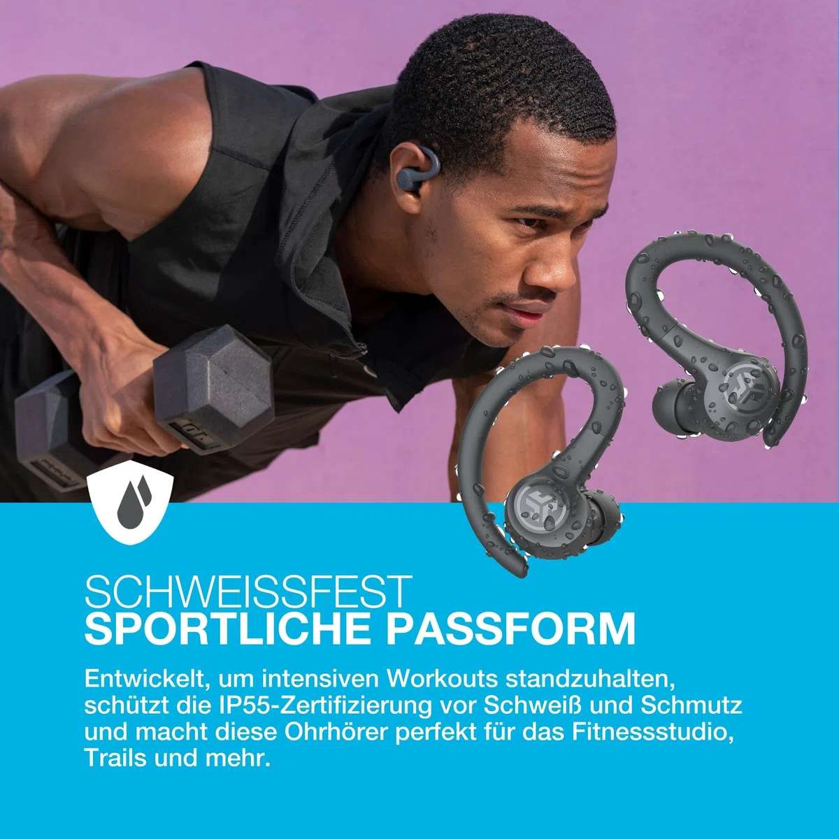 JLab Go Air Sport+ Kopfhörer Bluetooth, Sportkopfhörer 35+ Std., True Wireless In Ear Kopfhörer kabellos für Läufer, Joggen, IP55-schweißresistent, USB-C Ladecase, Be Aware-Modus, Graphit