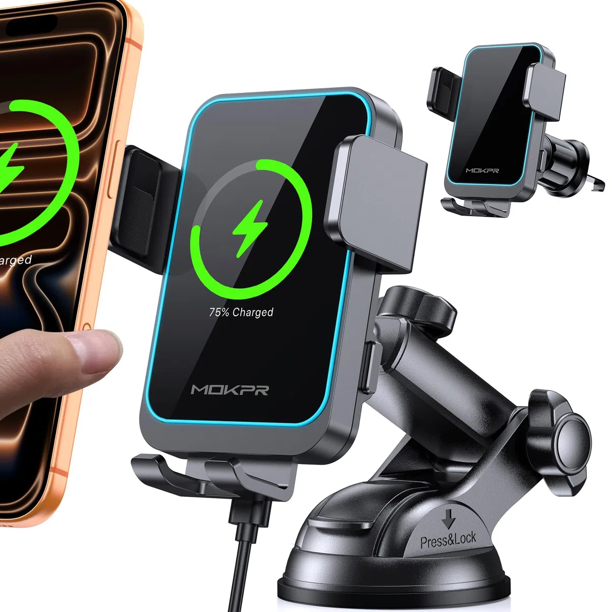 MOKPR Handyhalterung Auto mit Ladefunktion, 15W Induktive Ladestation Auto Entlüftung Armaturenbrett Windschutzscheibe für iPhone 16/15/14/13/12 Serie&Samsung S24/23/22 LG mit LED-Licht (Schwarz)