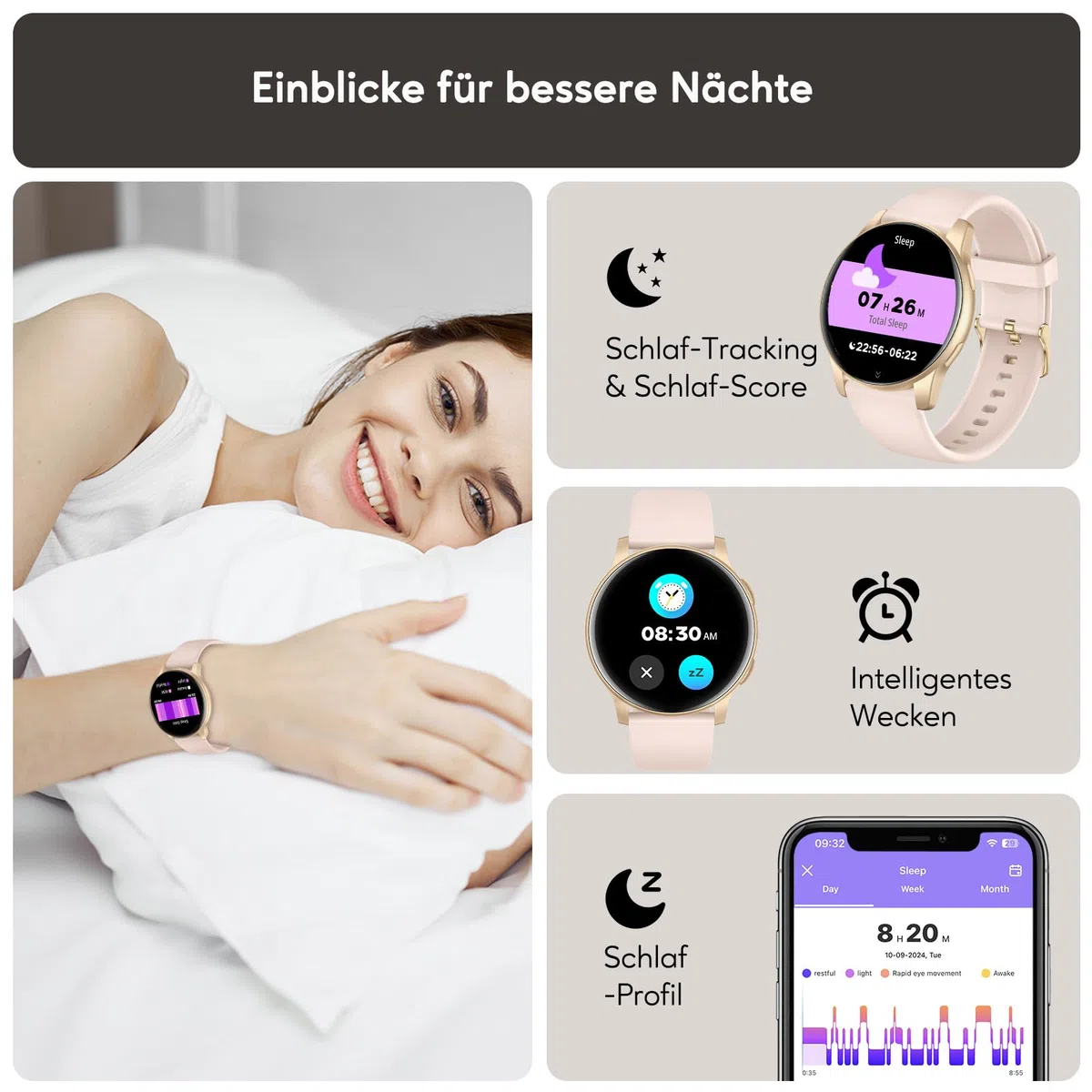 AcclaFit Smartwatch Damen Herren, 1.38 Zoll HD-Display Smart Watch mit Bluetooth Anrufe, Fitness Tracker mit Herzfrequenz SpO2 Schlafmonitor Schrittzähler, IP68 Wasserdicht Fitnessuhr für iOS Pink