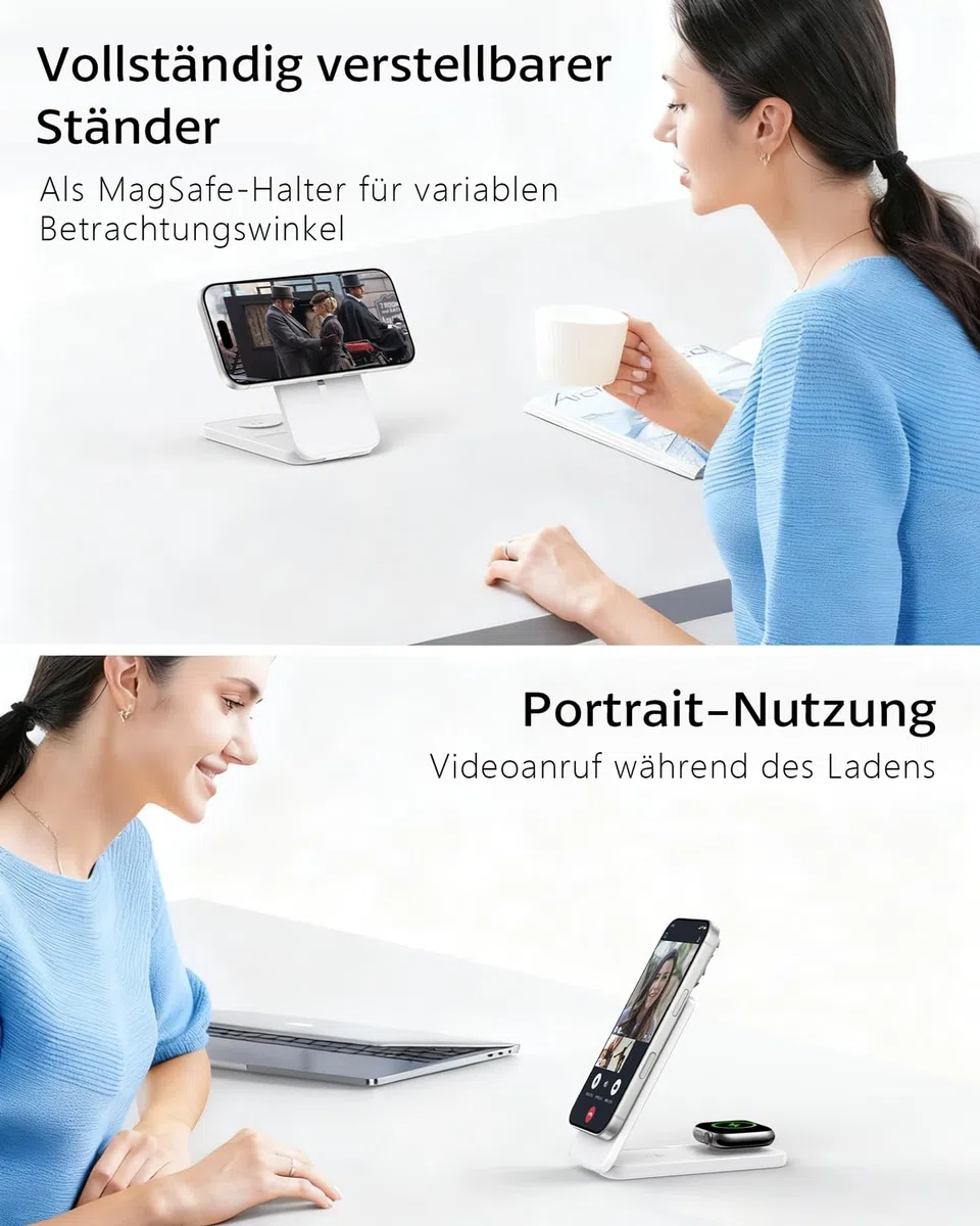 Ladestation Apple Watch und iPhone, 3 in 1 Magnetische Induktive Ladestation für iPhone 12-17 Serie, Apple Watch Ultra/SE/11-6, für AirPods 4/3/2/Pro 3 Faltbares Wireless Charging Dock