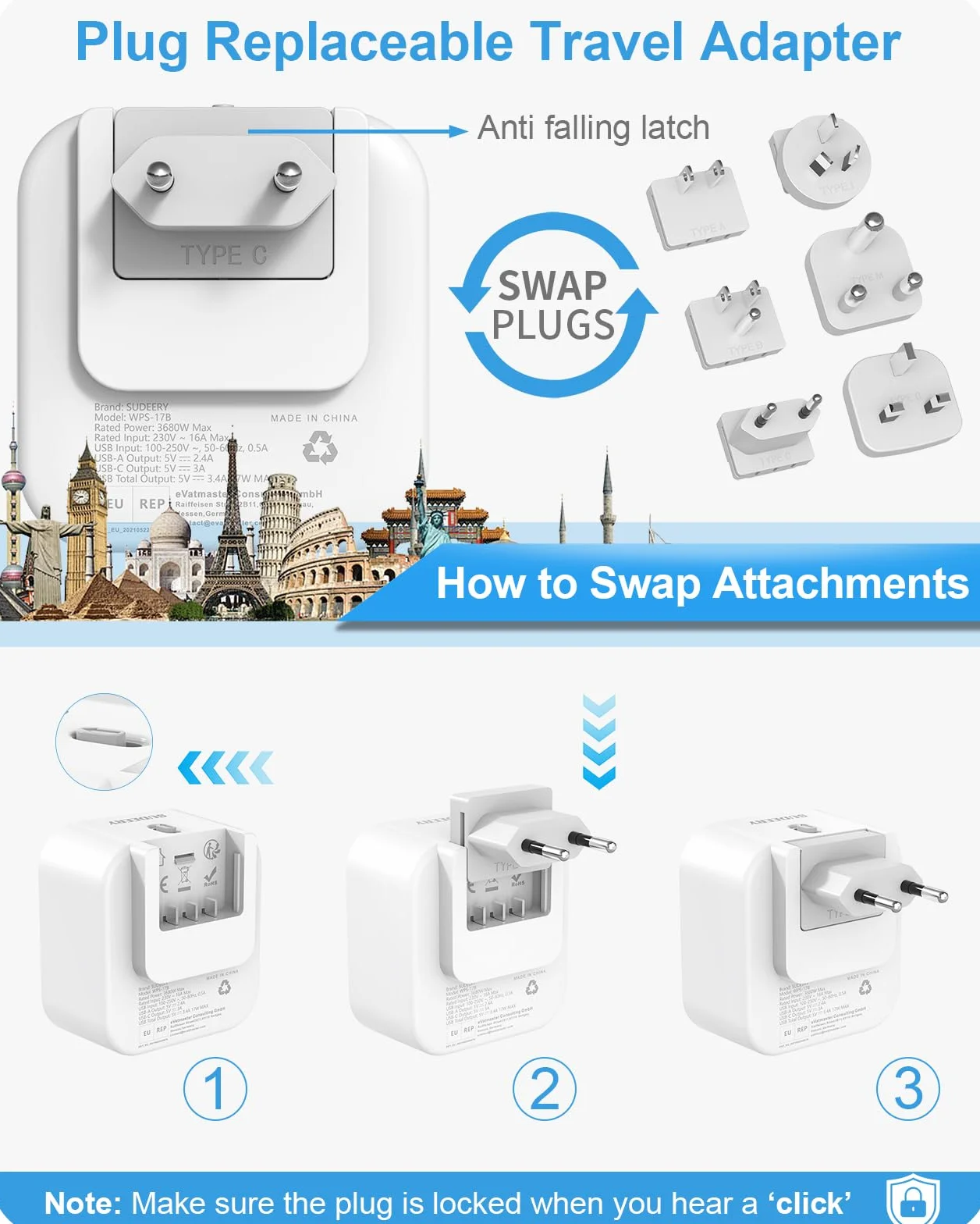 Reiseadapter Weltweit, Universal Reisestecker mit 2 USB A und 2 USB C, 6 Abnehmbare Internationale steckdosenadapter für USA UK EU AUS Japan Südafrika (6 Plug)