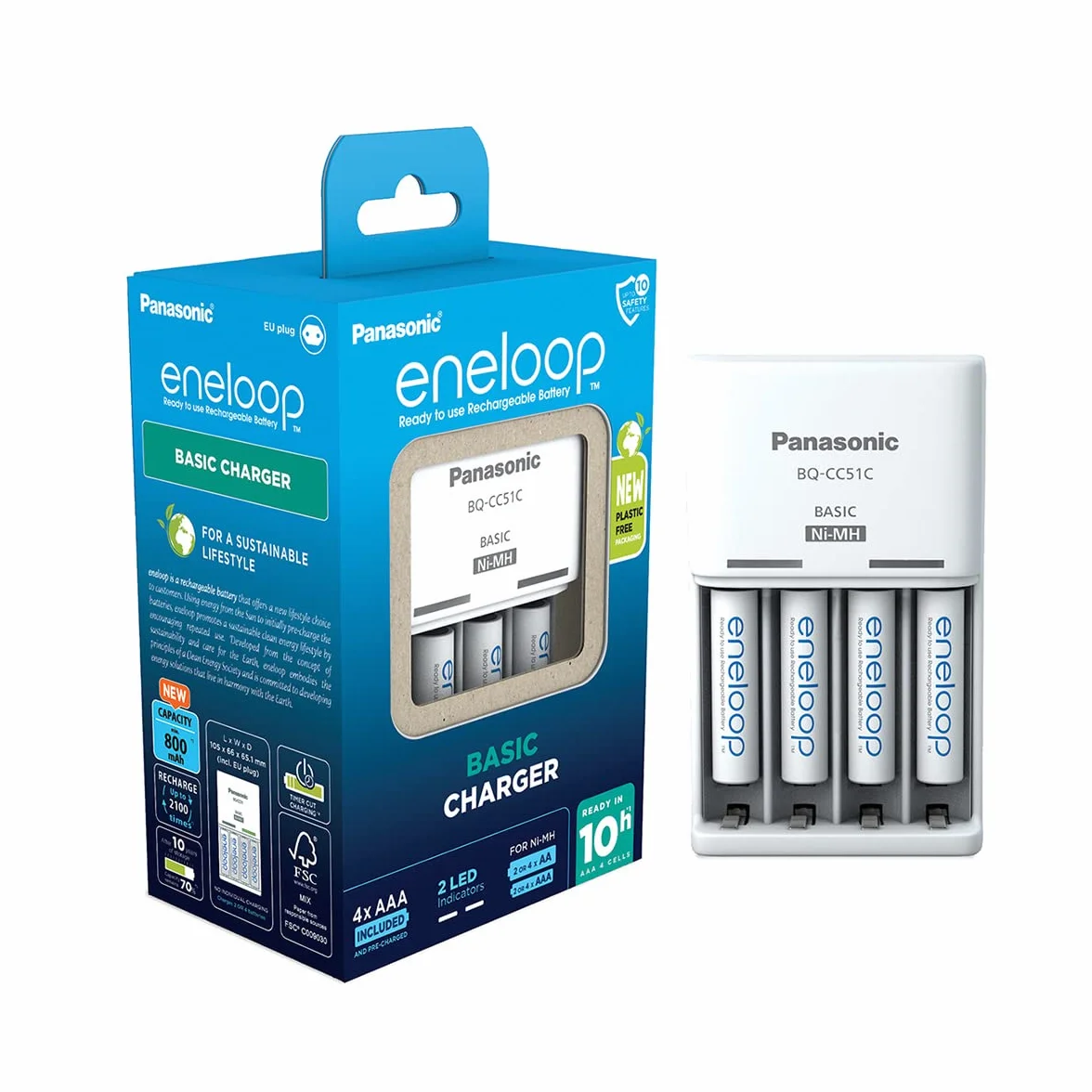 eneloop Basis-Ladegerät für 2 oder 4 AA/AAA NI-MH-Akkus. Mit neuen Sicherheitsfunktionen, 4 eneloop AAA/Micro-Akkus verbesserter Kapazität mit 6 Sicherheitsfunktionen