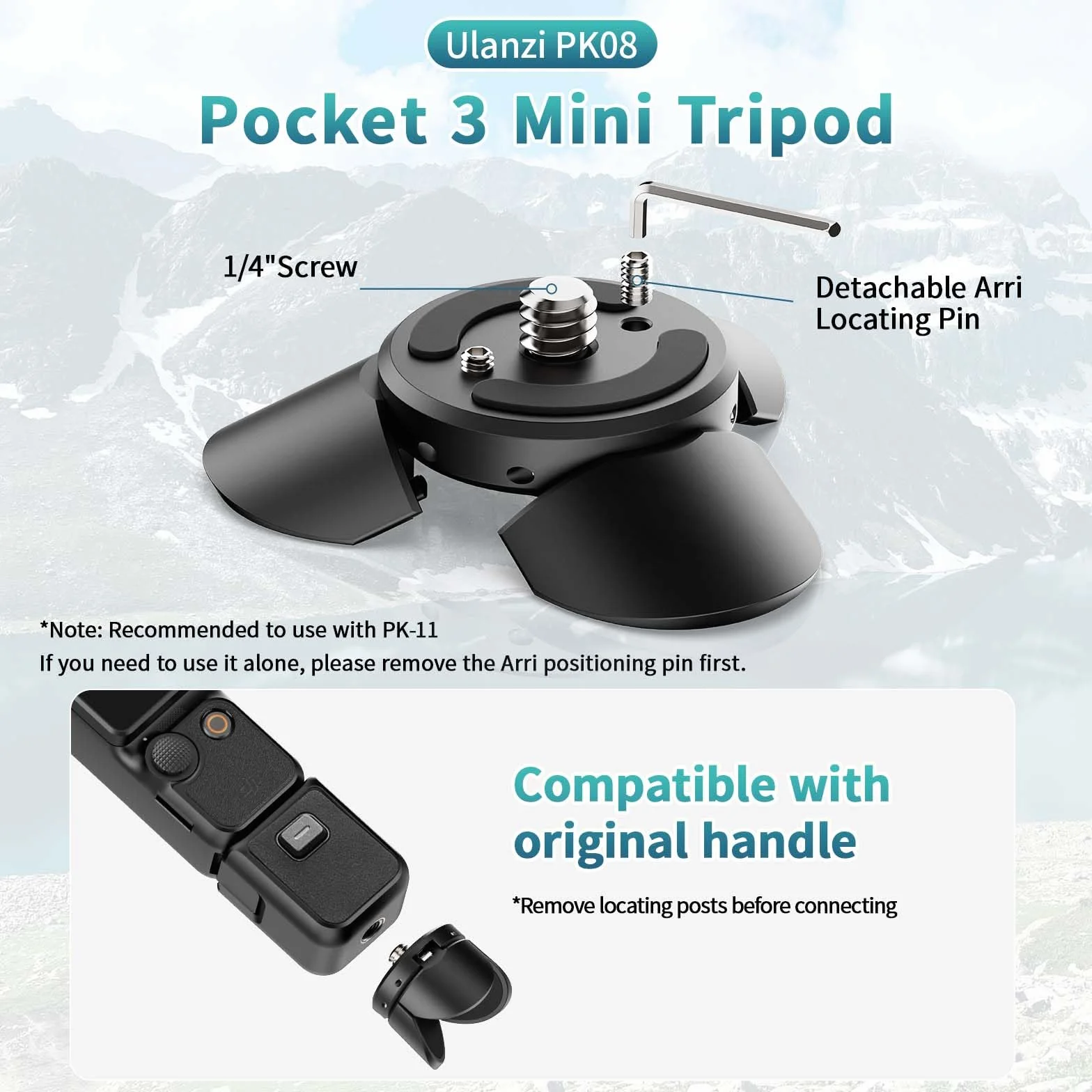 ULANZI Pocket 3 Mini Stativ Kit für DJI Osmo Pocket 3-Zubehör, Type-C-Ladeanschluss mit 1/4-Schraubenloch, für DJI Osmo Pocket 3, Smartphones, Action Kameras, Stativen, Gimbals (PK-08 & PK-11)