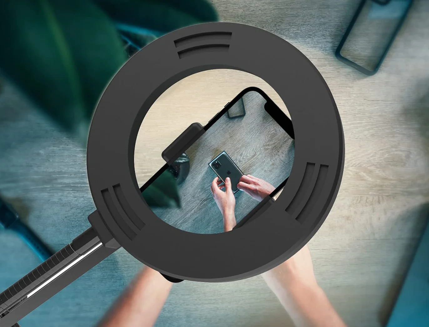 Overhead Stativ Handy mit Ringlicht, Flexibler Tisch Kamera Arm mit Licht, Flexible Tisch Kamera Arm Halterung mit Ringlicht für YouTube Live Stream Videoaufzeichnung, Kompatibel mit iPhone, Logitech