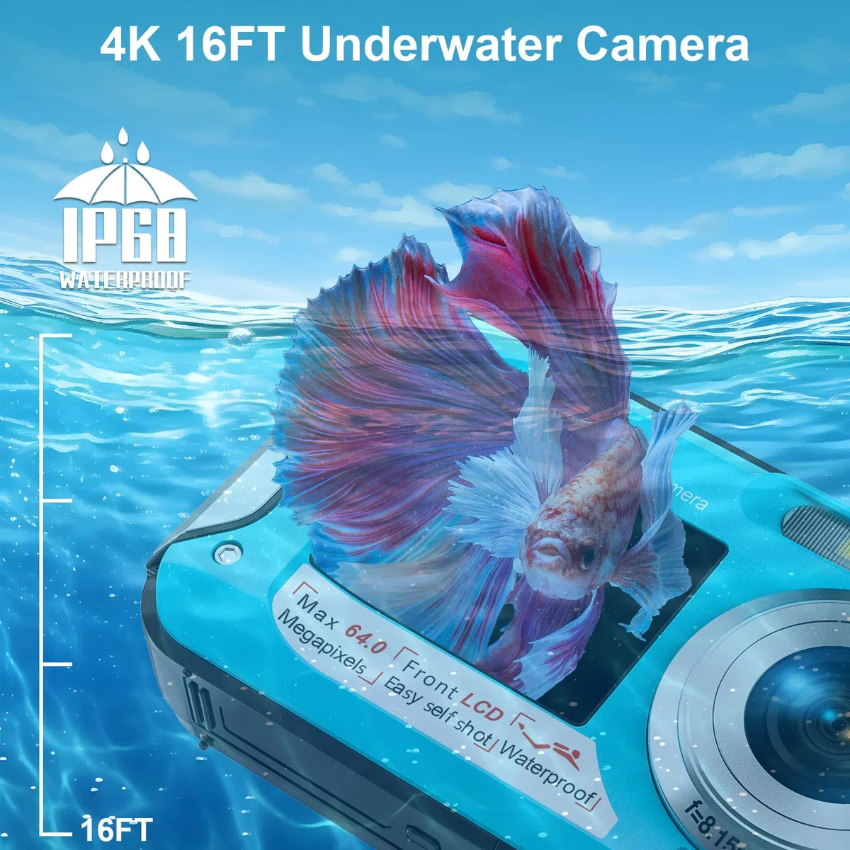 Digitalkamera, Yixinxin 4K Unterwasserkamera, 64MP Autofokus 16FT Digitalkamera wasserdichte mit 32GB Karte, Dual-Screen Selfie 1250mAh Batterie, 16X schwimmfähig Digital für Schnorcheln