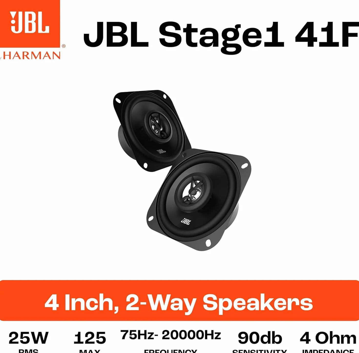 JBL Stage1 41F 2-Wege Auto Lautsprecher Set von Harman Kardon - 125 Watt KFZ Auto Boxen 25 Watt RMS - 2 stück Car HiFi JBL Box groß 10cm | 100mm | 4 Zoll, Schwarz