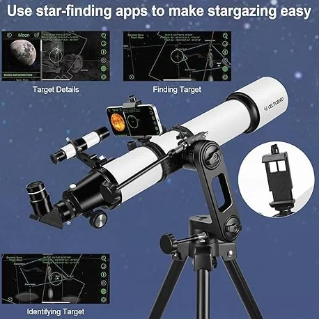 Telescope für Erwachsene Astronomie, 90mm Öffnung 700mm Refraktor-Teleskope für Erwachsene Anfänger Kinder mit hoher Präzision Anpassung, Ultra-stabilen Vertisteel AZ Mount Base Stativ