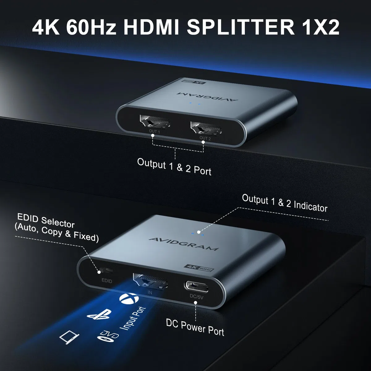 HDMI Splitter 1 In 2 Out 4K 60Hz 4:4:4, AVIDGRAM 2.0 HDMI Verteiler 1 In 2 Out mit Downscaler, Copy, and Auto Mode Unterstützung 1080p 120Hz HDCP 2.2 HDR10 18Gbps 3D