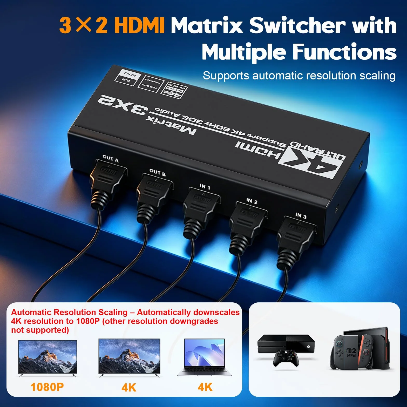 HDMI-Switch, 4 K, 60 Hz, 3 x 2, HDMI-Splitter 3 in 2 Out, HDCP 2.3 HDR10 18 Gbps, mit IR Fernbedienung & 3,5 mm Audio-Extraktor, unterstützt 4 K bei 60 Hz, HDCP 2.2, für Switch, PS5, Xbox, PC