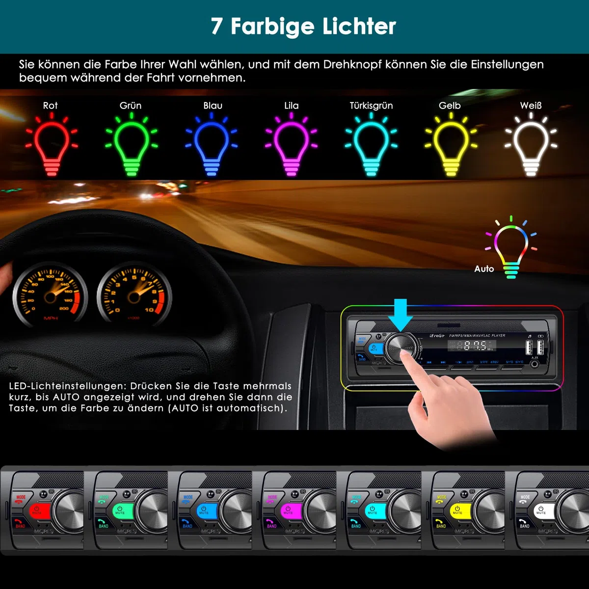 Autoradio Bluetooth 5.0, 7 Farben Auto Radio Bluetooth Freisprecheinrichtung, Autoradio 1Din mit 2 USB/TF/MP3 Player/AUX, FM Radio mit Schnellladefunktion,4x65W,Uhrzeitanzeige (Keine CD)